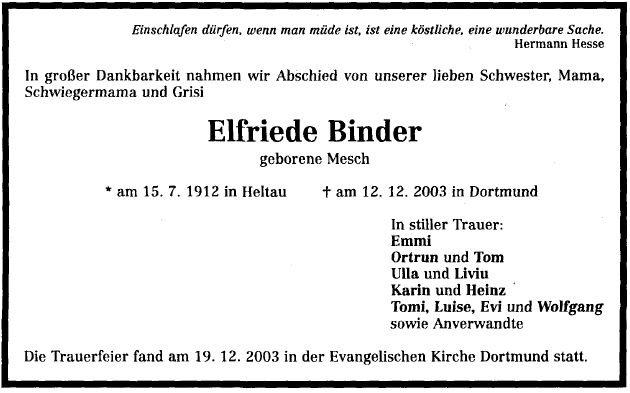 Mesch Elfriede 1912-2003 Todesanzeige